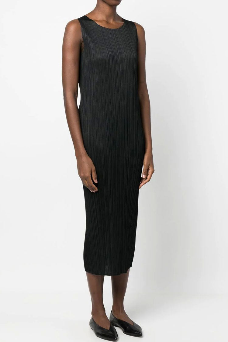 Micro Pleat Crew Neck Sleeveless Column Midi Dress