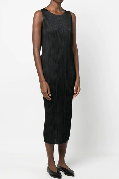 Micro Pleat Crew Neck Sleeveless Column Midi Dress