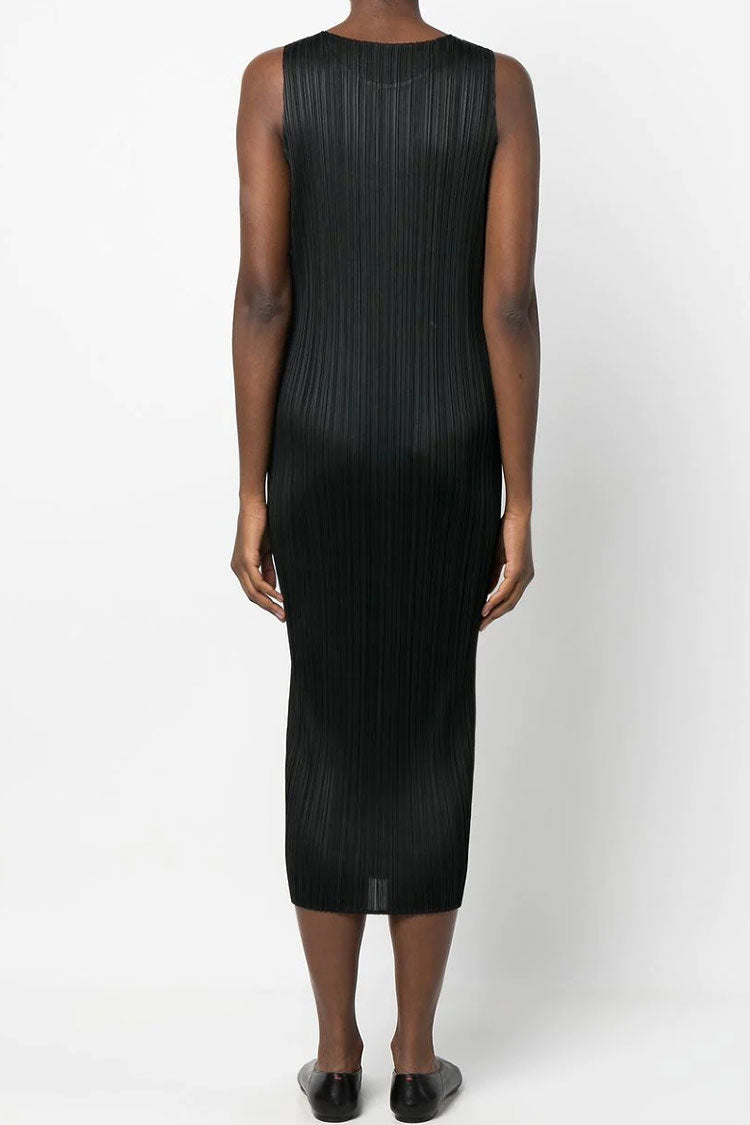 Micro Pleat Crew Neck Sleeveless Column Midi Dress