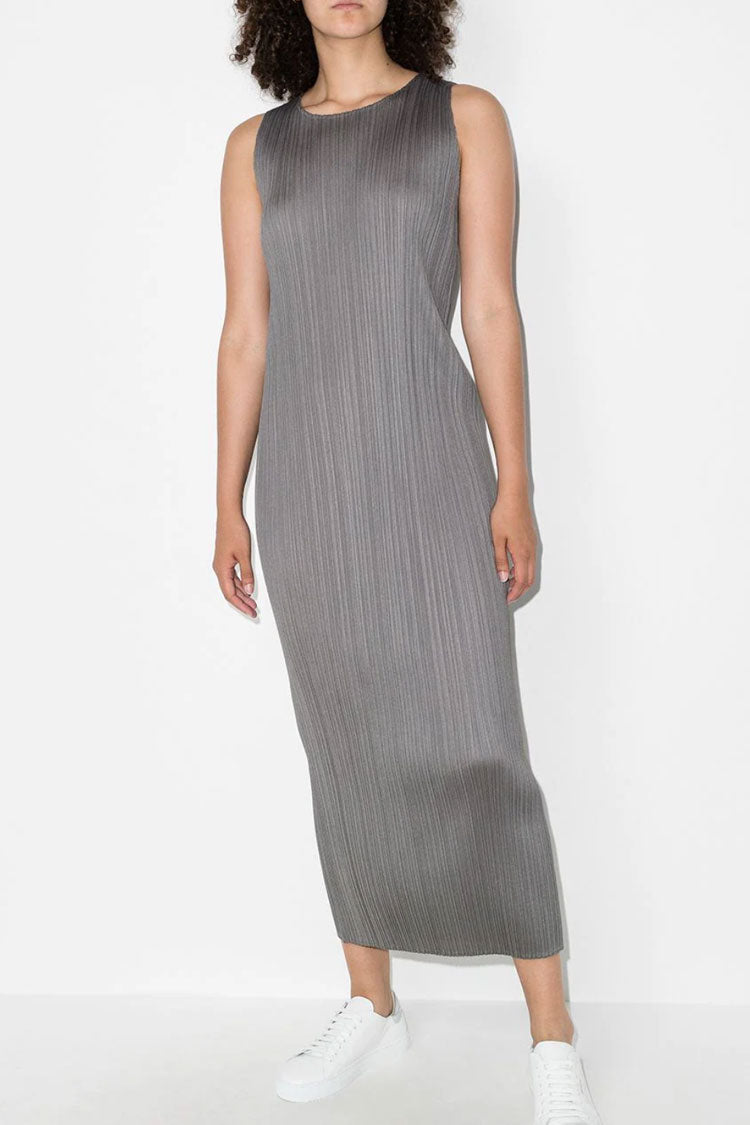 Micro Pleat Crew Neck Sleeveless Column Midi Dress