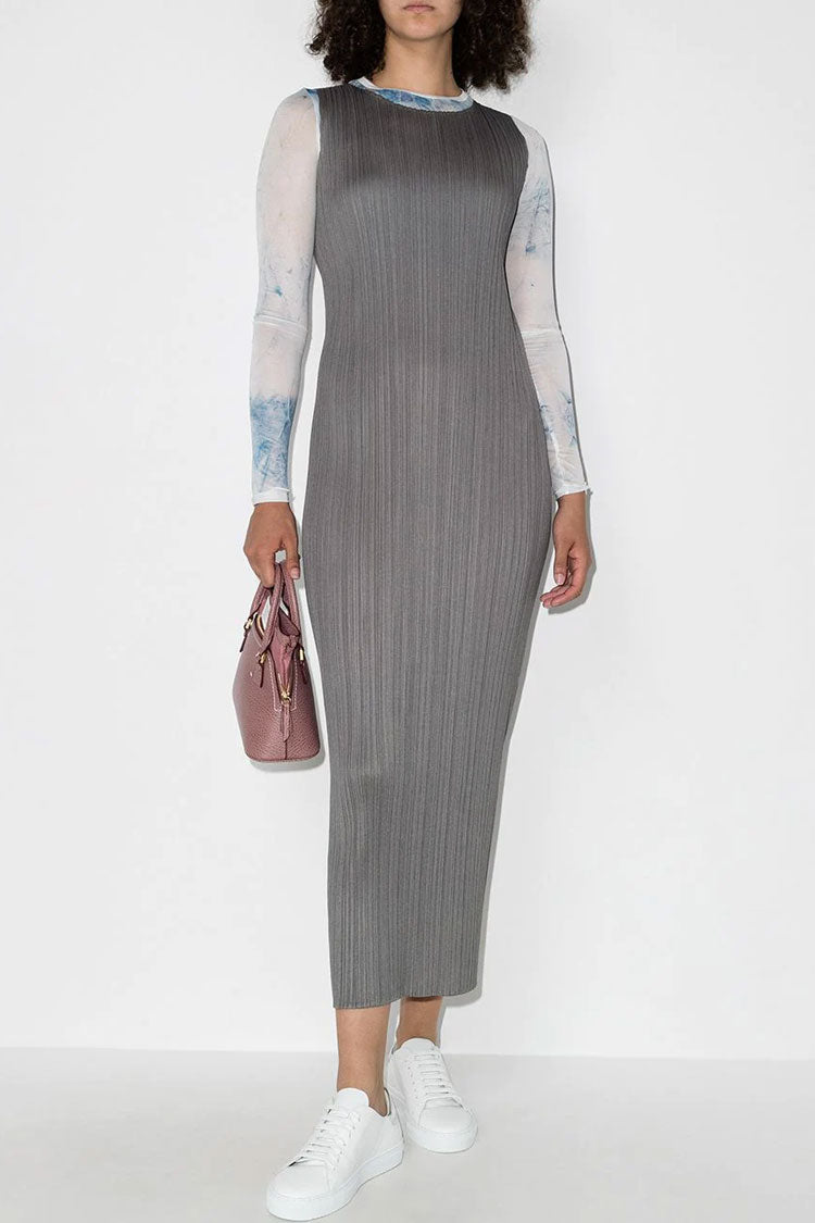 Micro Pleat Crew Neck Sleeveless Column Midi Dress