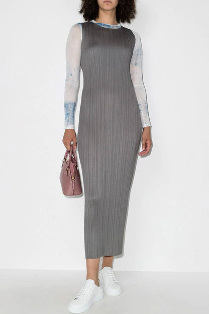 Micro Pleat Crew Neck Sleeveless Column Midi Dress