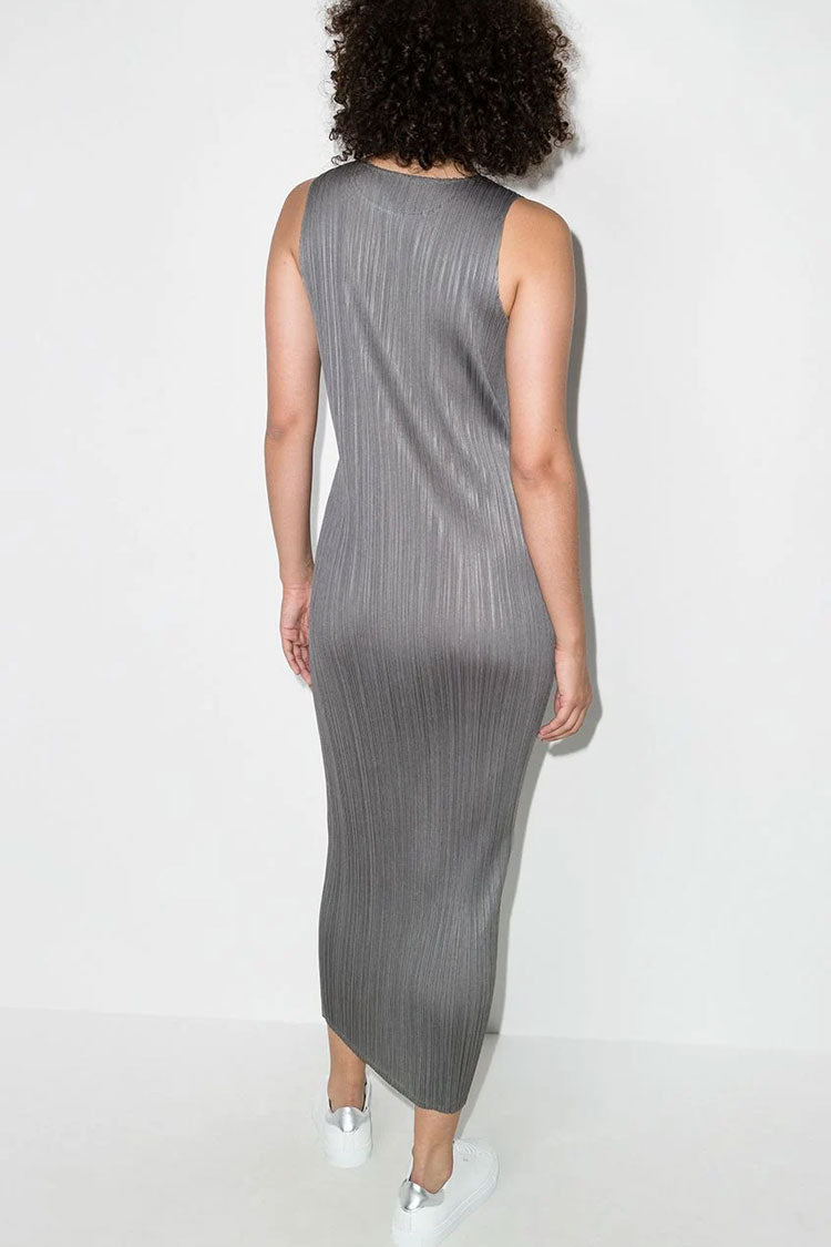 Micro Pleat Crew Neck Sleeveless Column Midi Dress