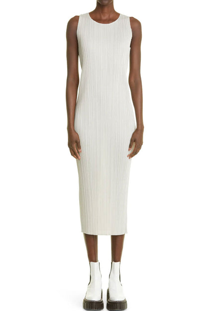 Micro Pleat Crew Neck Sleeveless Column Midi Dress