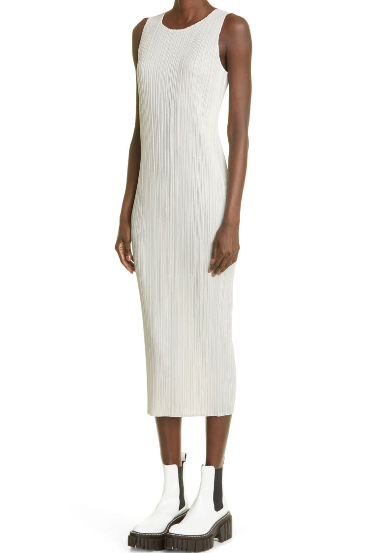 Micro Pleat Crew Neck Sleeveless Column Midi Dress