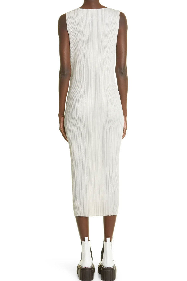 Micro Pleat Crew Neck Sleeveless Column Midi Dress