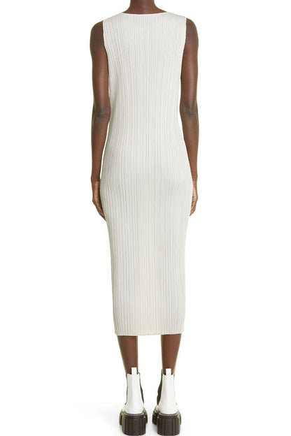 Micro Pleat Crew Neck Sleeveless Column Midi Dress