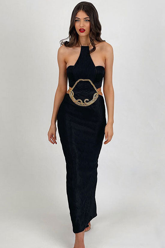 Ribbed Halter Neck Chain Link Waist Cut Out Bandage Maxi Dress