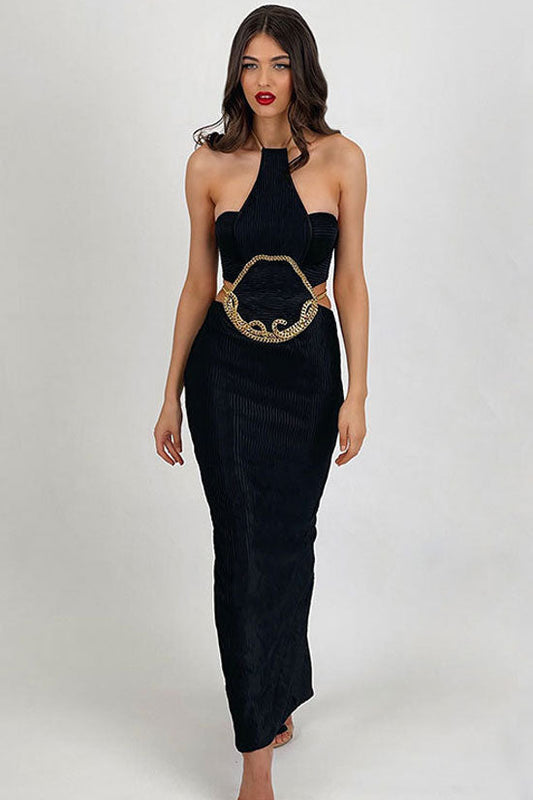 Ribbed Halter Neck Chain Link Waist Cut Out Bandage Maxi Dress
