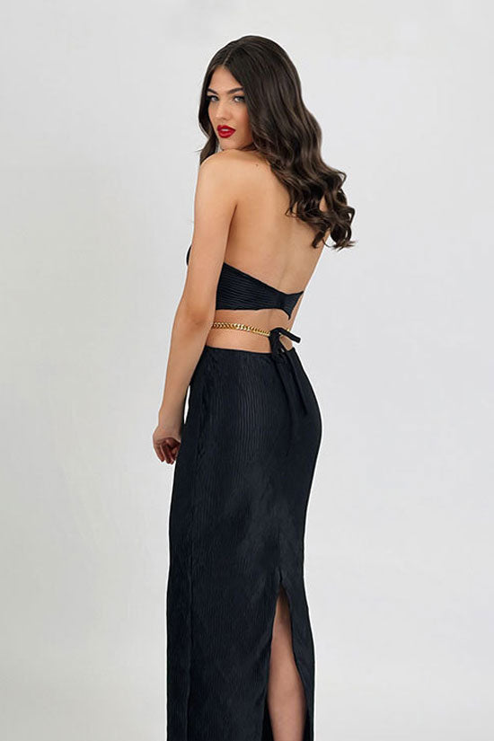 Ribbed Halter Neck Chain Link Waist Cut Out Bandage Maxi Dress