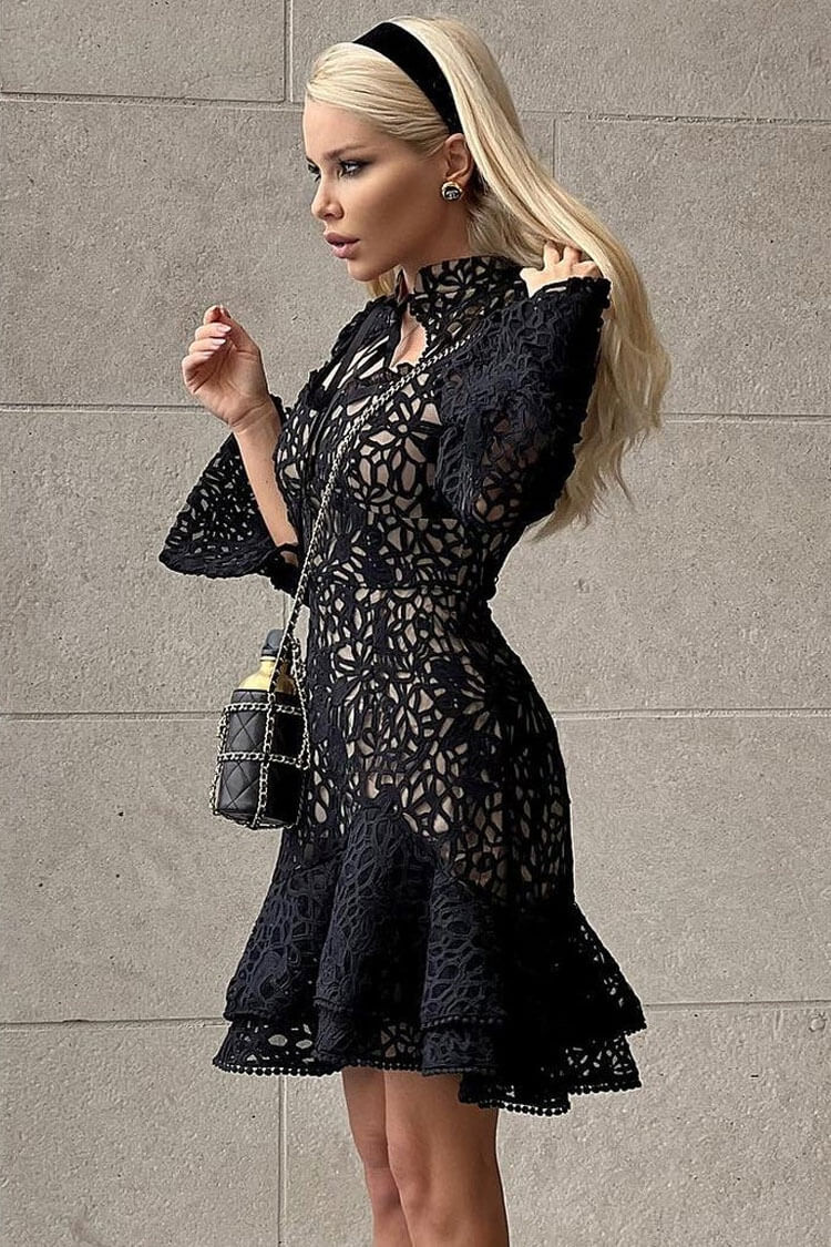 Mandarin Collar Crochet Lace Keyhole Puff Sleeve Tiered Mini Dress