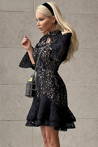 Mandarin Collar Crochet Lace Keyhole Puff Sleeve Tiered Mini Dress