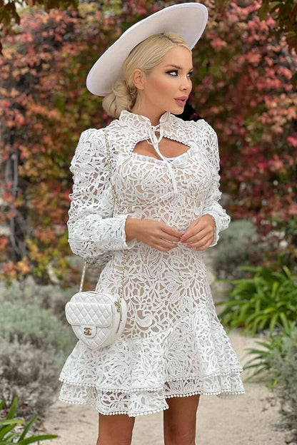 Mandarin Collar Puff Sleeve Crochet Lace Ruffle Tiered Mini Dress