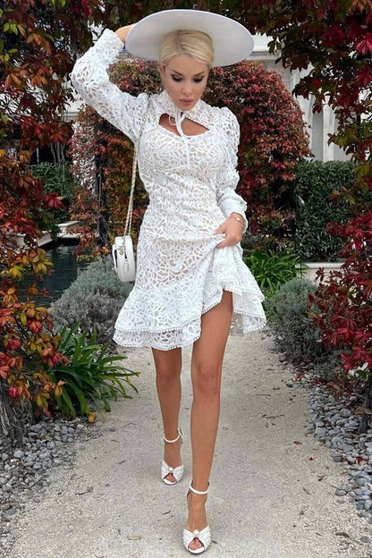 Mandarin Collar Puff Sleeve Crochet Lace Ruffle Tiered Mini Dress