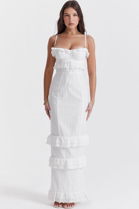 Sweetheart Broderie Anglaise Tiered Ruffle Spaghetti Strap Maxi Dress
