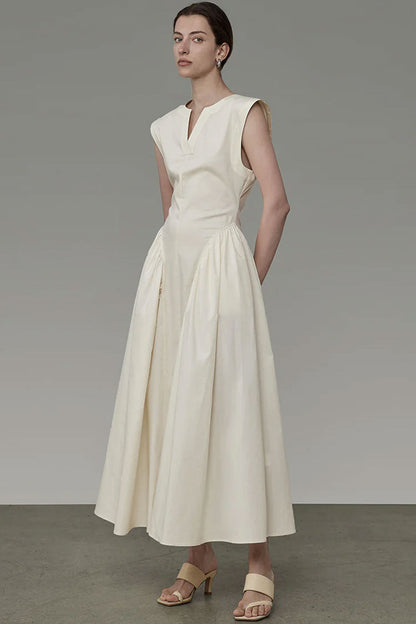 V-Neck Collar Sleeveless Drop Waist Gathered Pleat Panel Midi Dress