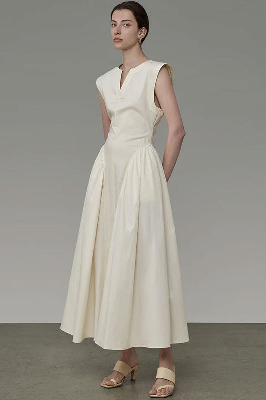 V-Neck Collar Sleeveless Drop Waist Gathered Pleat Panel Midi Dress