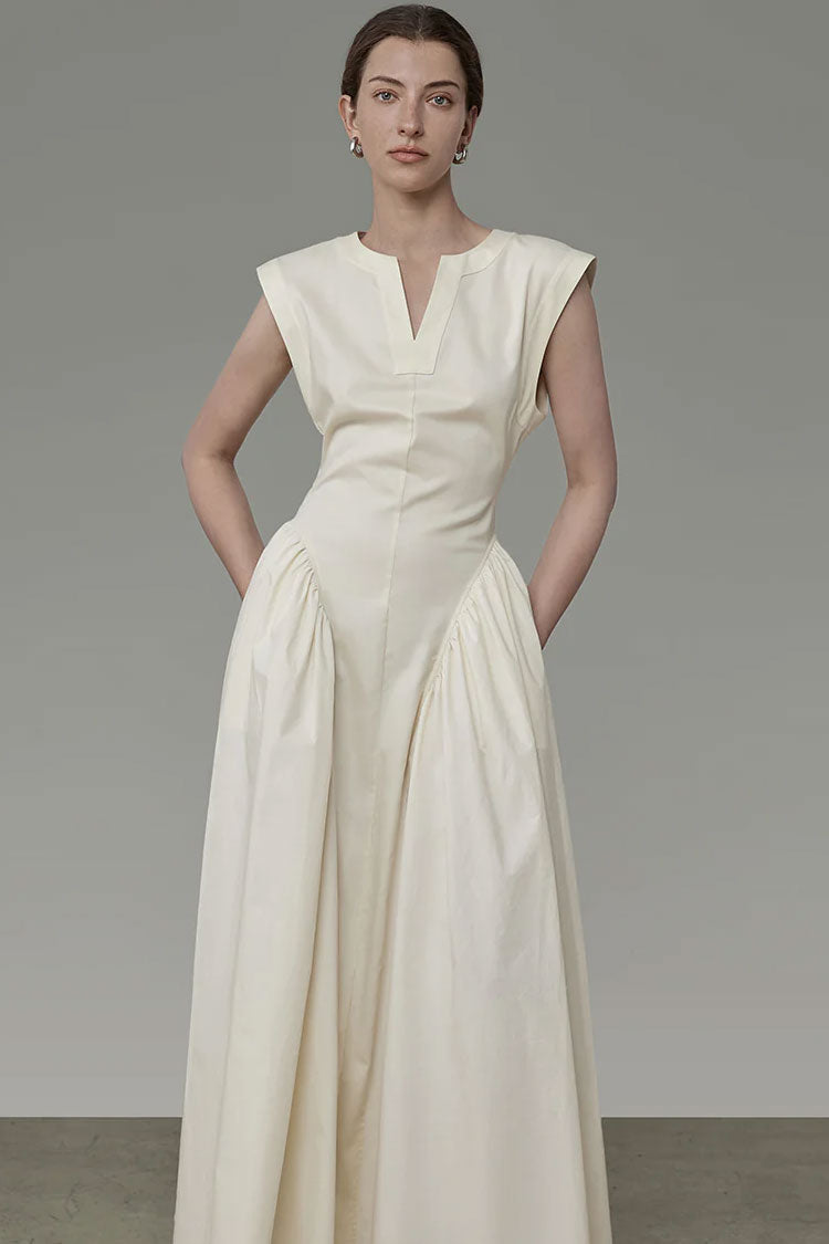 V-Neck Collar Sleeveless Drop Waist Gathered Pleat Panel Midi Dress