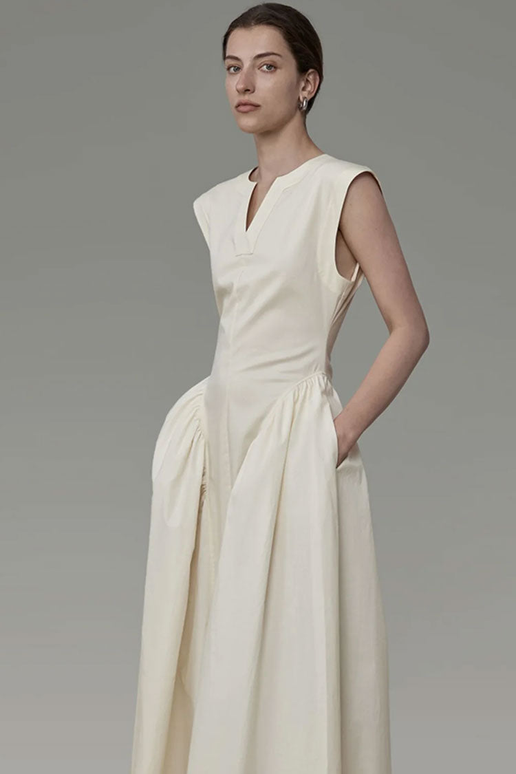 V-Neck Collar Sleeveless Drop Waist Gathered Pleat Panel Midi Dress