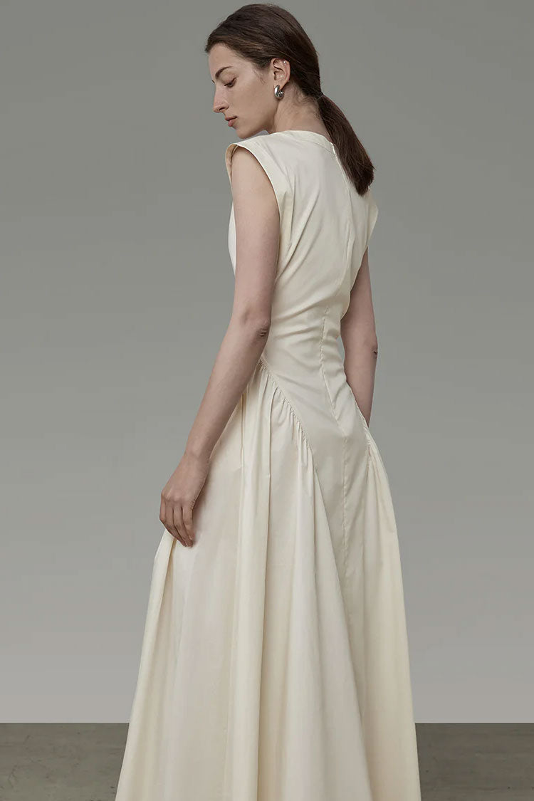 V-Neck Collar Sleeveless Drop Waist Gathered Pleat Panel Midi Dress