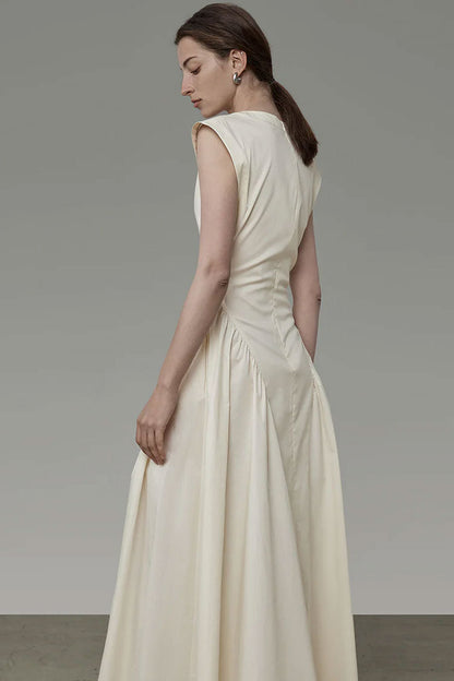 V-Neck Collar Sleeveless Drop Waist Gathered Pleat Panel Midi Dress