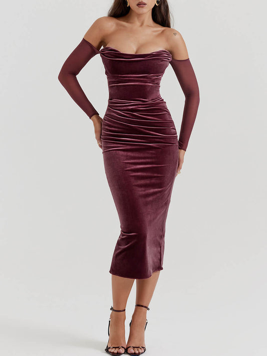 Velvet-Elegance Off-Shoulder Midi Dress