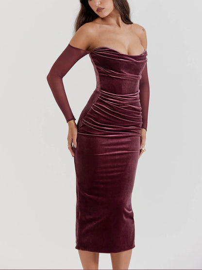 Velvet-Elegance Off-Shoulder Midi Dress