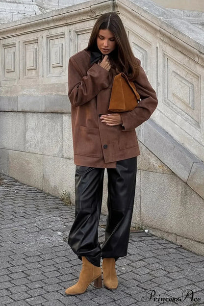 Coffee Suede Paneled Black Collar Loose Coat
