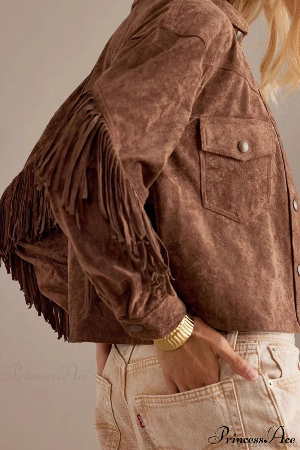 Collared Microsuede Tassel Long Sleeve Coat