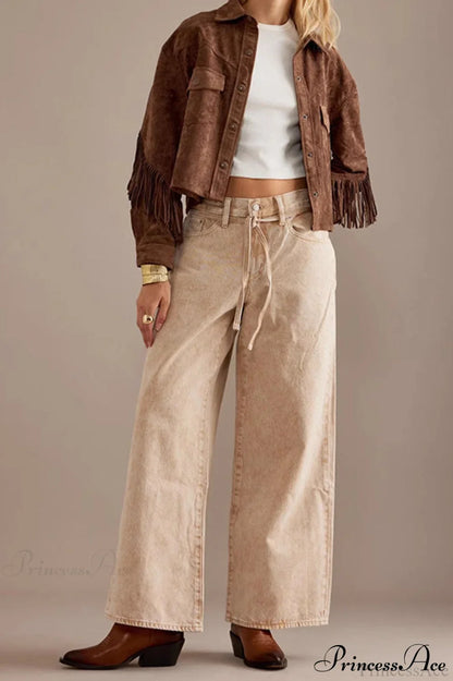 Collared Microsuede Tassel Long Sleeve Coat