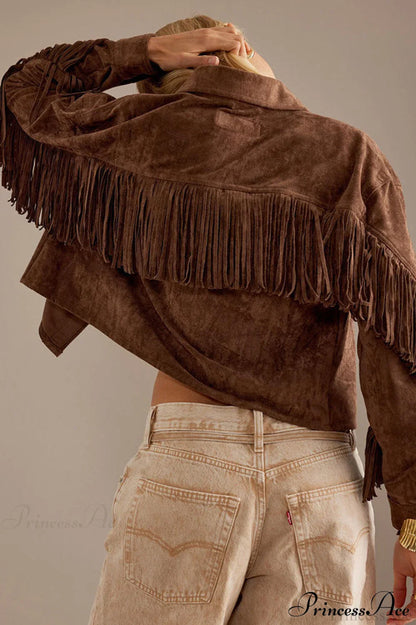 Collared Microsuede Tassel Long Sleeve Coat