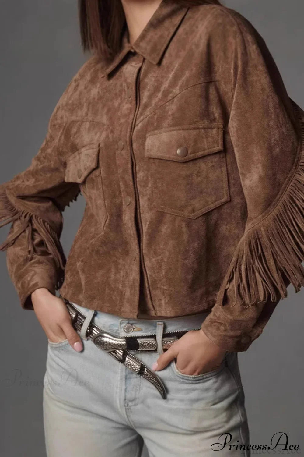 Collared Microsuede Tassel Long Sleeve Coat