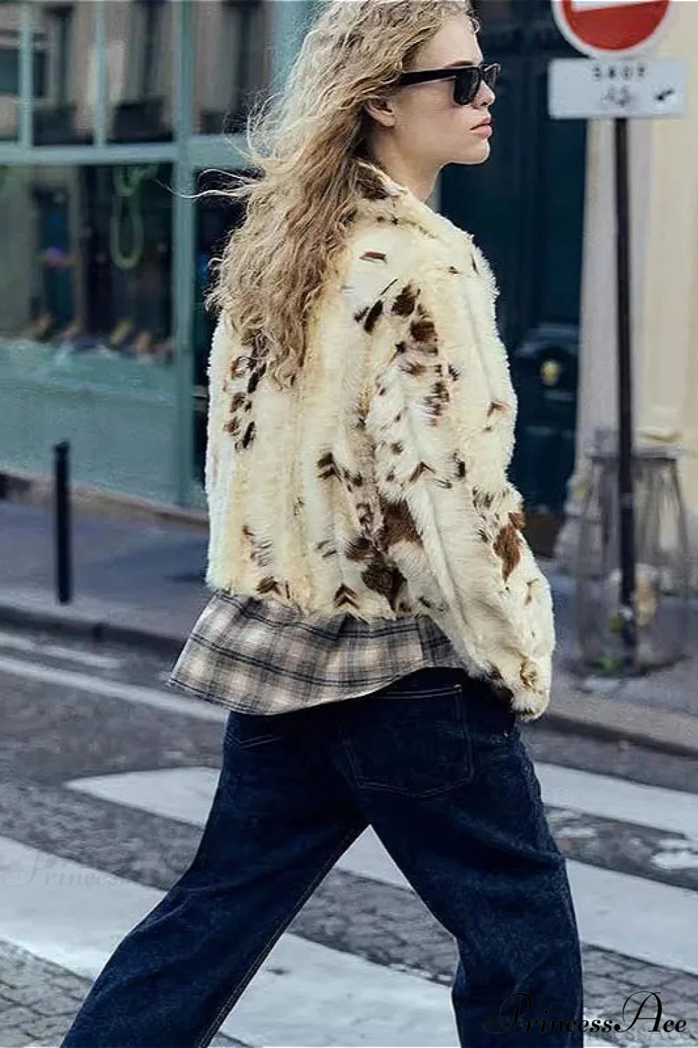 Collared Printed Faux Fur Short Coat