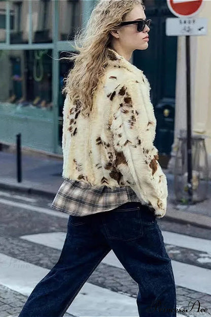 Collared Printed Faux Fur Short Coat