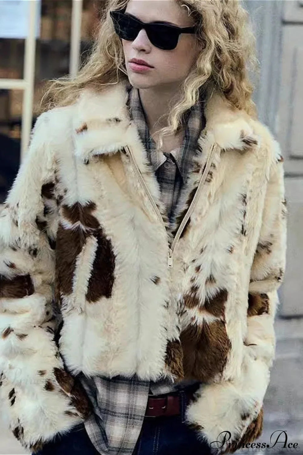 Collared Printed Faux Fur Short Coat