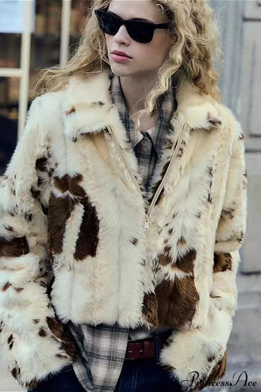 Collared Printed Faux Fur Short Coat