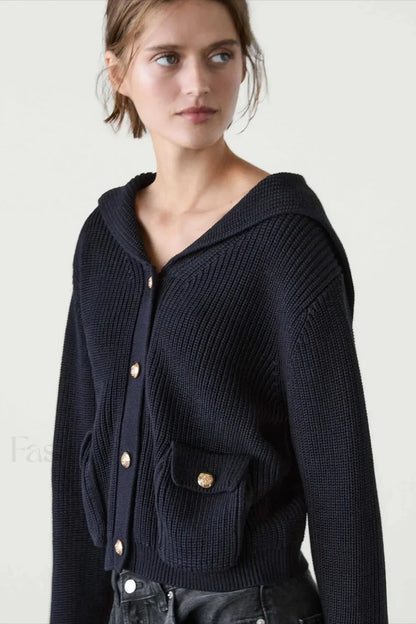 College Style Navy Collar Knit Cardigan