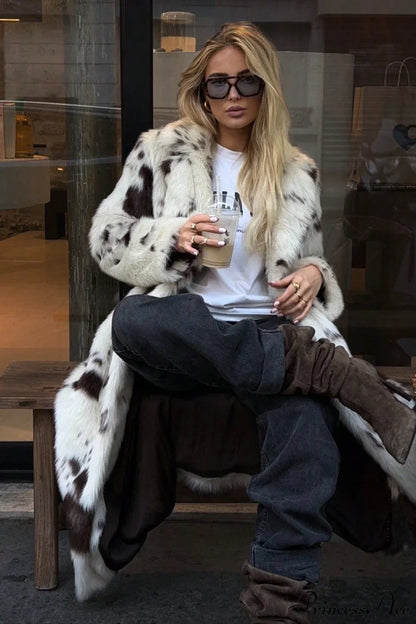 Color Block Animal Print Faux Fur Long Overcoat