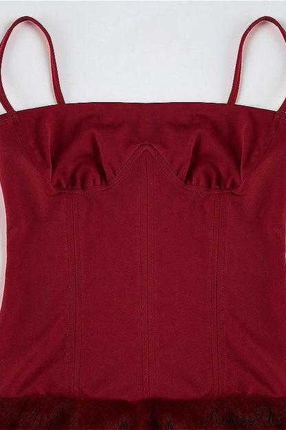 Color Block Faux Fur Spaghetti Strap Corset Party Dress
