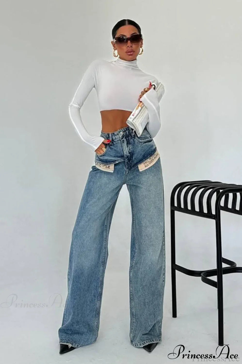 Color Block High Waist Slim Fit Straight Wide Leg Jeans