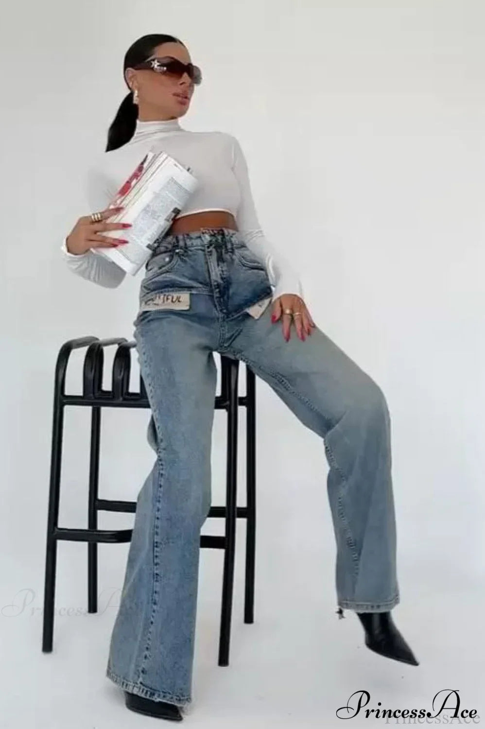 Color Block High Waist Slim Fit Straight Wide Leg Jeans