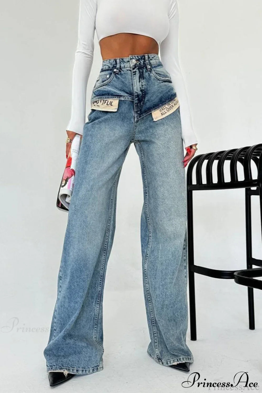 Color Block High Waist Slim Fit Straight Wide Leg Jeans