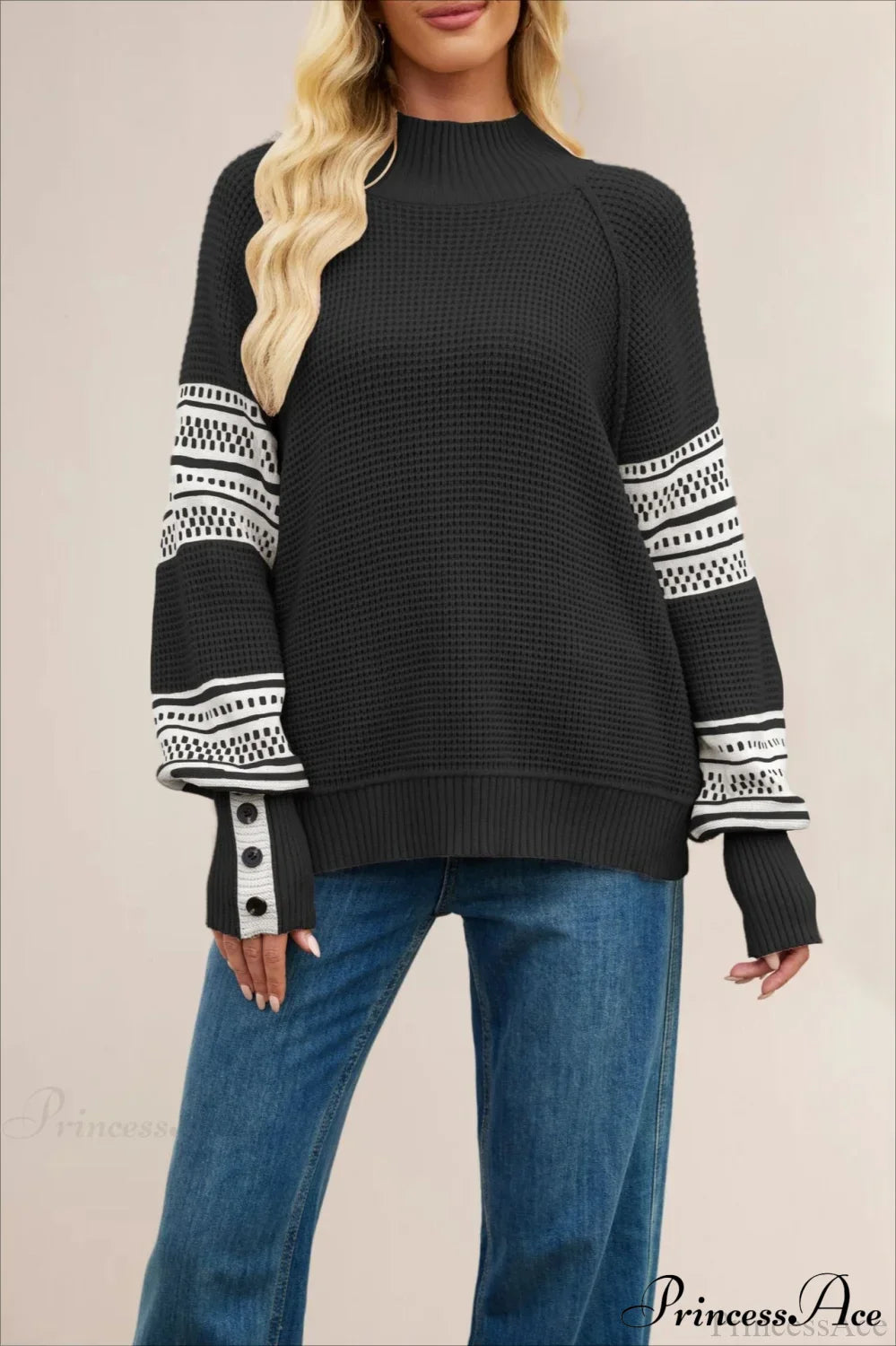 Color-Block Mock Neck Fashion Knit Sweater