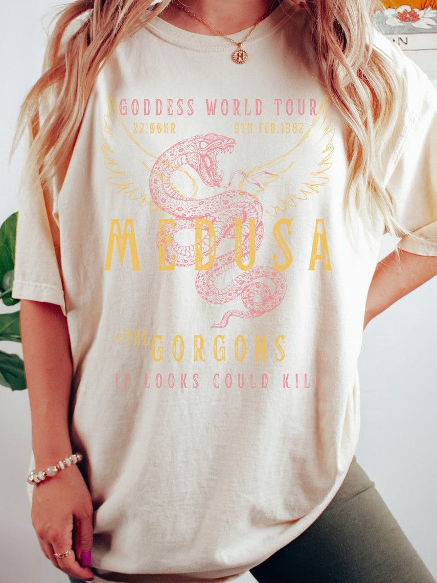 Women's Bold Letter Wings Snake Print Polo – Casual Round Neck T Shirt