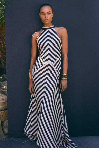 Mono Fluid Stripe Maxi Halter Dress