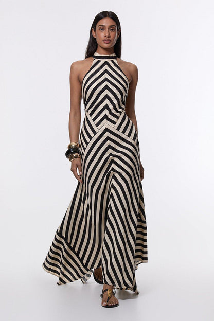Mono Fluid Stripe Maxi Halter Dress