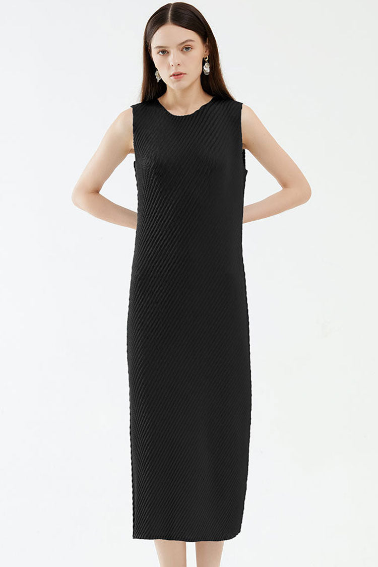 Crew Neck Sleeveless Diagonal Plisse Pleated Sheath Midi Dress