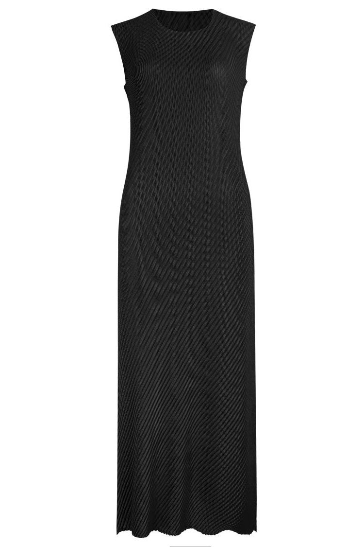 Crew Neck Sleeveless Diagonal Plisse Pleated Sheath Midi Dress