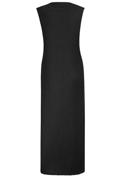 Crew Neck Sleeveless Diagonal Plisse Pleated Sheath Midi Dress
