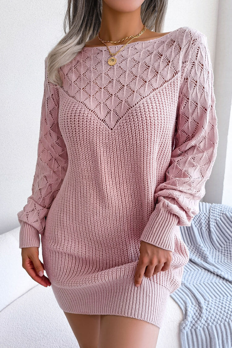 Pointelle Diamond Knit Boat Neck Long Sleeve Bodycon Sweater Mini Dress